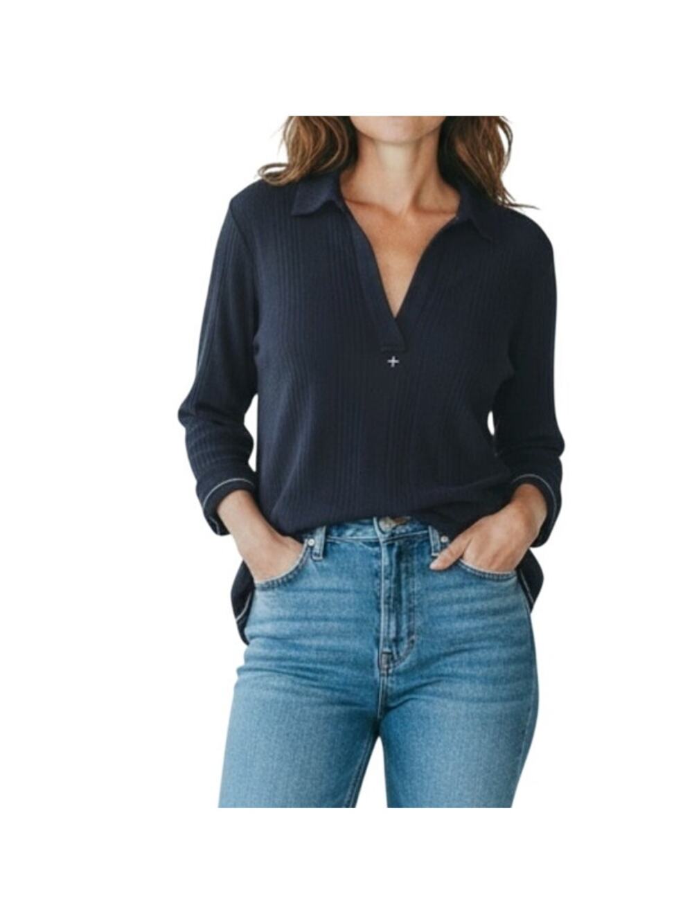 FREE PEOPLE Annie Rib Knit Collared Top Women S Blue Boho Stylish Oversize City